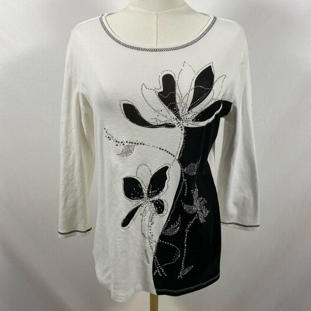 Jess & Jane black white floral rhinestone long sleeve top‎ size small grunge y2k